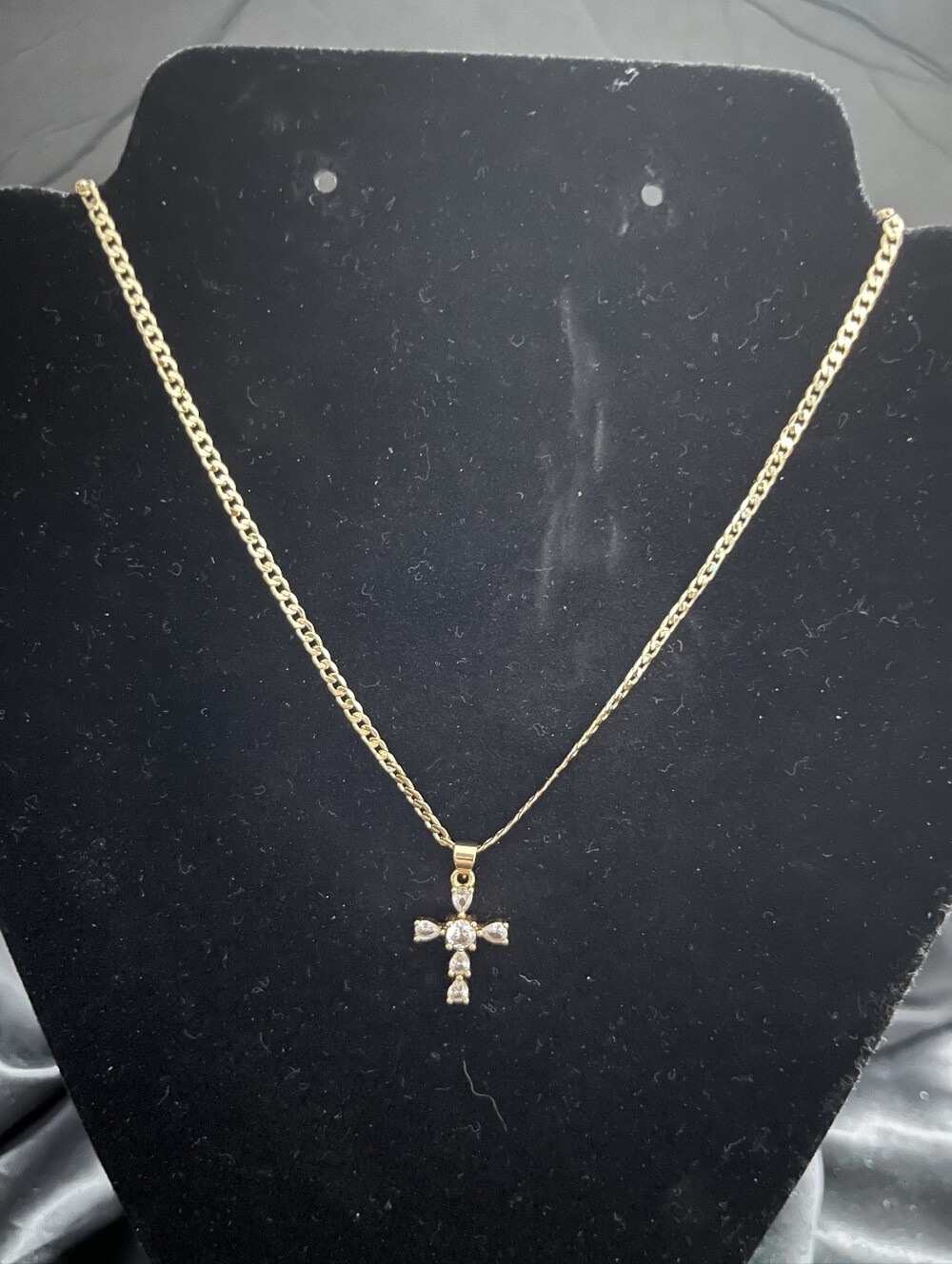 14k Gold Filled Cross Pendant Necklace with Clear Stones 17" Necklace